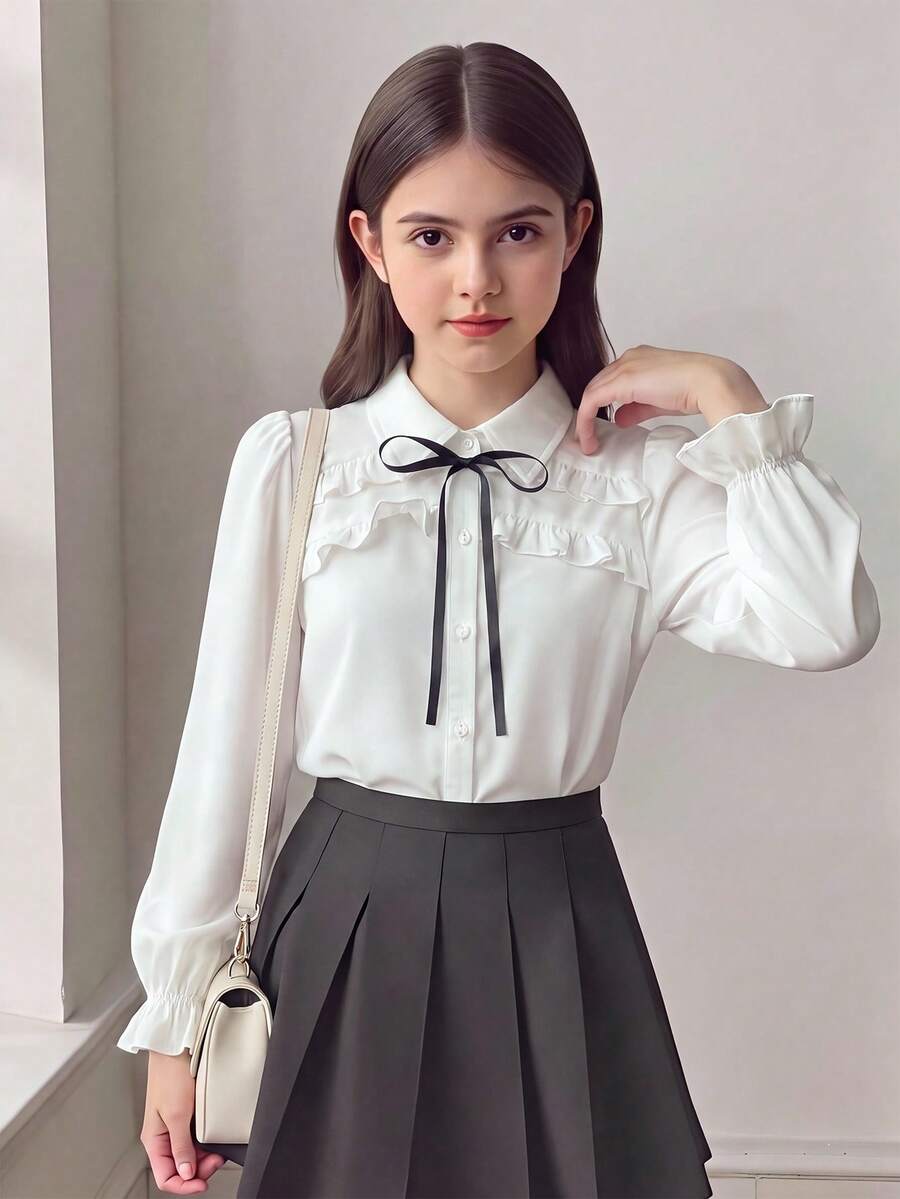 SHEIN 兒童青少年女孩寬鬆休閒極簡舒適日常穿著學院風白色荷葉邊飾泡泡袖優雅荷葉邊前開扣襯衫長袖上衣返校季 - 白色 - 查看 1