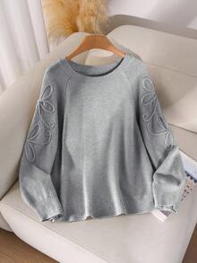 CosyJoli Sweater Pullover Kasual Longgar Lengan Panjang Bertekstur Bunga untuk Wanita Ukuran Plus, Musim Gugur/Dingin - Grey - View 5