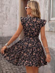 Brillora Summer Beach Vacation Paisley Print Ruffle Trim Belted Nashville Short Dress Black And Orange Boho Cute - Black - View 12