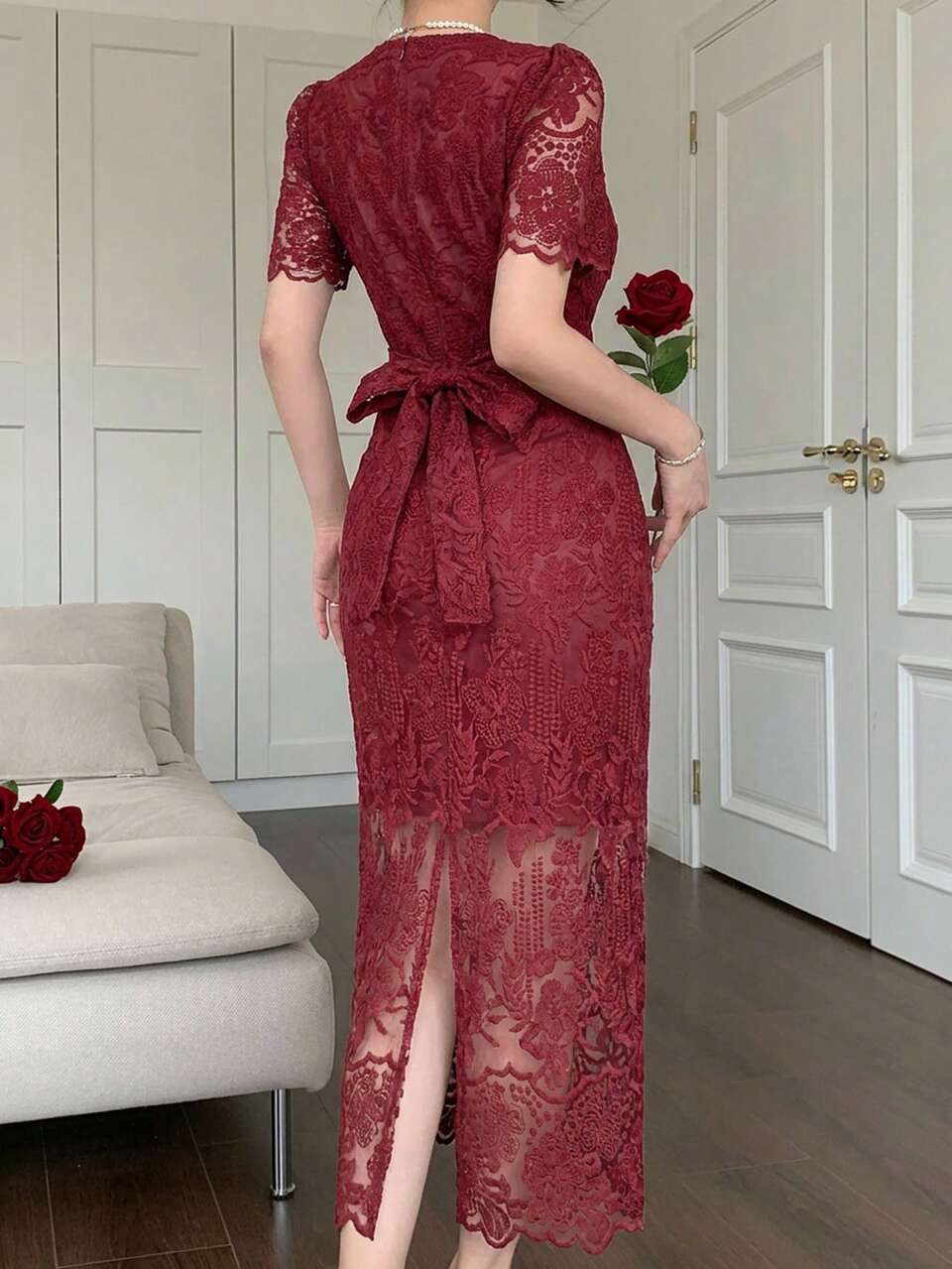 Elegant Lace Round Neck Petal Sleeve Midi Dress For Women, Summer Sun Dresses For Women