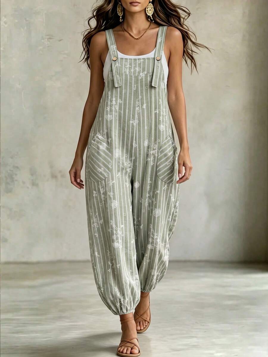 Linhara CURVE Plus Size Women Spring Summer Elegant Fashion Commuter Striped Pocket Drawstring Suspender Jumpsuit - Green - View 1