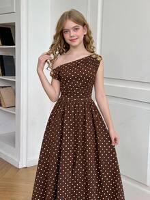 Tween Girl Elegant Commuter Fitted Sleeveless Asymmetric Neck Metal Buckle Flower Decor Pleated Midi Dress Brown And White Polka Dot Tea Party - Brown - View 10