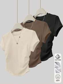 Resyla 夏季出遊上衣 女款收腰 T-shirt 3 件組 米色、摩卡棕、黑色 休閒百搭款 日常穿著 舒適棉混紡面料 - 彩色 - 查看 1