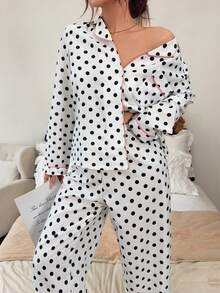 Napfluff Polka Dot Bubble Crinkle Cardigan Lapel Long Sleeve Pajama Set For Women - Black and White - View 4