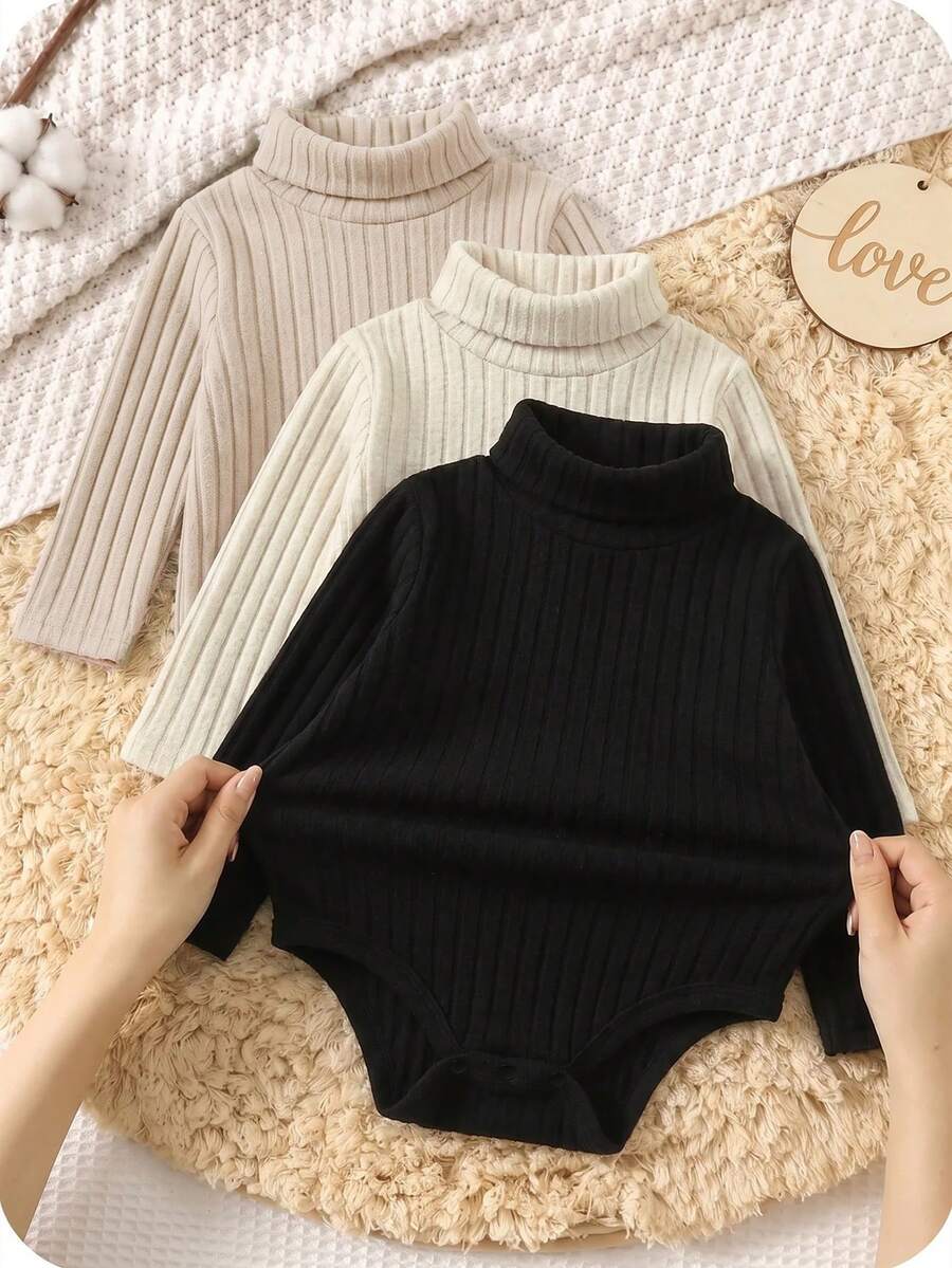 SHEIN 3件組男童幼兒高領長袖羅紋休閒連身衣 - 彩色 - 查看 1
