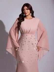 Viva Relle Plus Size Women's New Pink Round Neck Flowing Trumpet Sleeves, Heavy-Duty Nail Bead Long Dress For Women's Dinner Parties Fall - Dusty Pink - View 1