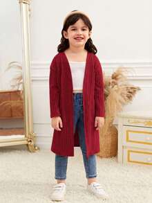 SHEIN Jaket Kasual Nyaman untuk Anak Perempuan, Lengan Panjang Terbuka Depan, Warna Polos, Tanpa Saku, Musim Gugur (9), Musim Dingin (2), Hitam - Merah - View 3