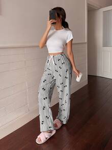 Dream Adore Women's Striped Heart Print Bow Decor Waist Pajama Pants - Black - View 6