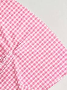 Linhara Blus Wanita Ukuran Besar untuk Musim Panas dengan Hiasan Ruffle Motif Kotak-kotak Hijau, Atasan Kotak-kotak Hijau - Berwarna merah muda - View 6