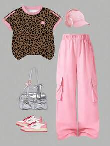 SHEIN 青少年女孩休閒極簡百搭豹紋撞色T恤與工裝褲兩件套，春/秋季 - 彩色 - 查看 6