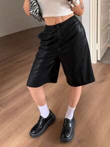 DAZY Women's High Waist Black PU Leather Shorts, Loose Casual Streetwear Commuter Office Pants, Autumn - Black - View 1