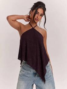 SHEIN BAE 女款性感時尚亮片閃光不對稱下擺掛脖綁帶上衣 - 中紫紅色 - 查看 6