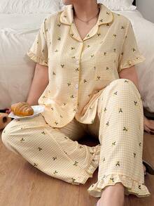 Napfluff CURVE Napfluff CURVE Plus Size Bubble Crinkle Plaid Lemon Print Button-Up Lapel Pajama Set - Yellow - View 6