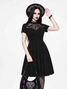 ROMWE Gothic Floral Flocked Patchwork A-Line Midi Dress, Halloween - Black - View 5