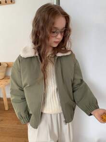Dazy Kids Turn-Down Collar Contrast Color Thick Autumn/Winter Long Sleeve Cute Girls (Large) Cotton Padded Coat - Army Green - View 1
