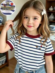 SHEIN Playful Pals 2026春夏新款女童时尚休闲舒适度假条纹领口和袖口撞色设计，仿刺绣爱心狗条纹印花短袖圆领T恤，适合夏季穿着 - 彩色 - 查看 1