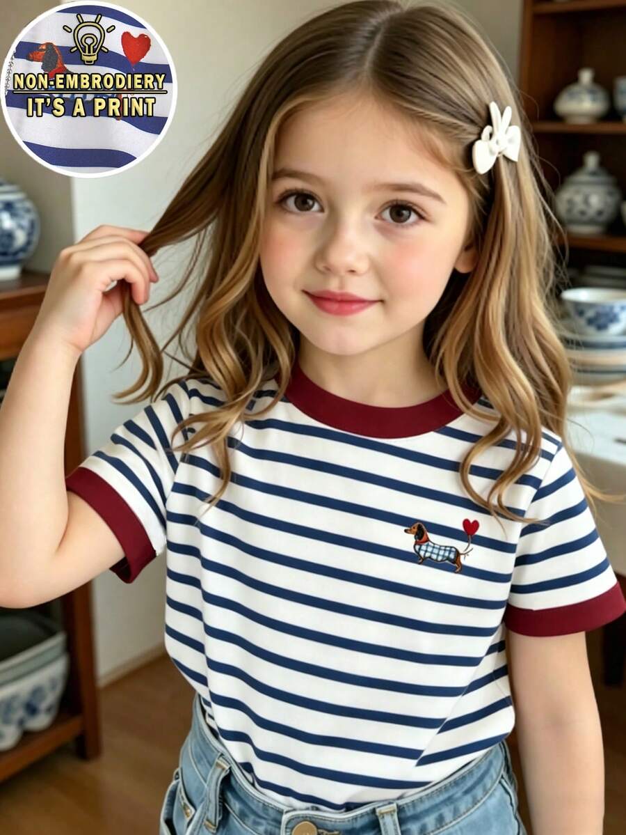 SHEIN Playful Pals 2026春夏新款女童时尚休闲舒适度假条纹领口和袖口撞色设计,仿刺绣爱心狗条纹印花短袖圆领T恤,适合夏季穿着 - 彩色 - 查看 1