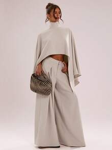 SHEIN BAE Women's Solid Color Stand Collar Asymmetric Hem Top And Long Pants Casual Daily Set - Apricot - View 8