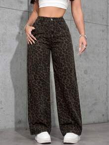 SHEIN PETITE 女士休闲时尚街头豹纹宽松直筒牛仔裤，适合日常通勤 - 彩色 - 查看 7