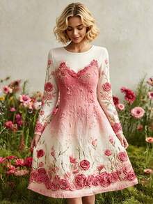 Selamara Women's Sweet Floral Print Round Neck Long Sleeve Dress Street Style - Multicolor - View 1