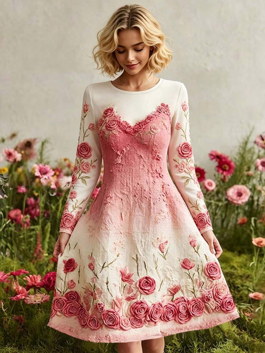 Selamara Women's Sweet Floral Print Round Neck Long Sleeve Dress Street Style - Multicolor - View 1