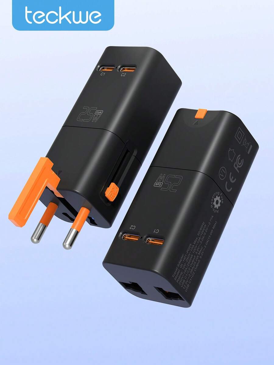 Teckwe Ravel 全球通用旅行轉接頭 AC 電源插頭轉接器 壁式充電器,附 USB-C 與 USB-A 充電埠,適用美國、歐盟、英國、澳洲,黑色 - 黑色 - 查看 1