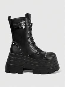 ROMWE Grunge Punk Women Heeled Sandals Dark PU Punk Rivet Thick-Soled Riding Boots Women Small Goth Mid-Tube Locomotive Booties Comic-Con - Black - View 1