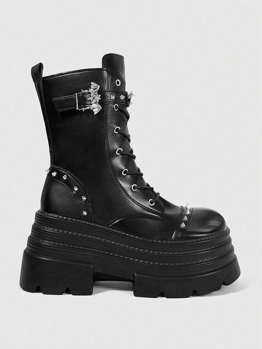 ROMWE Grunge Punk Women Heeled Sandals Dark PU Punk Rivet Thick-Soled Riding Boots Women Small Goth Mid-Tube Locomotive Booties Comic-Con - Black - View 1