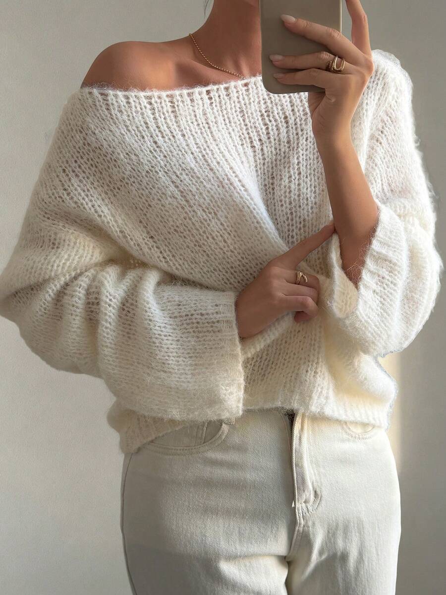 DAZY Women's Asymmetric Shoulder Loose Long Sleeve Elegant Sweater Fall - Beige - View 1