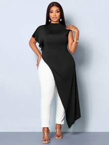 SOLERSUN Plus Size Women's Spring And Summer Solid Color Small Stand Up Collar Slit Long T-Shirt - Black - View 6