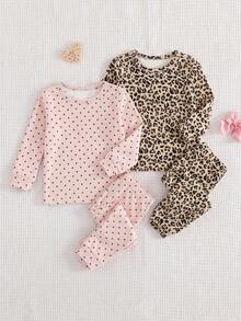 SHEIN 4件組女嬰長袖上衣與緊身內搭褲居家休閒套裝 - 彩色 - 查看 3
