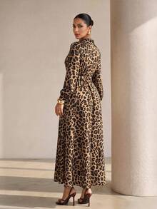 Structelle Women's Casual Elegant Long Sleeve Animal Leopard Print Pocket Button Front Collar Dress Office Work Dinner Beige Autumn - Multicolor - View 2