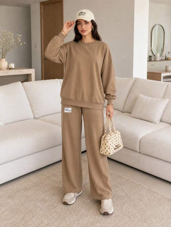 Solavon Women's Casual Versatile Khaki Set: Long-Sleeve Knit Sweatshirt (33% Cotton) & Comfortable Pants