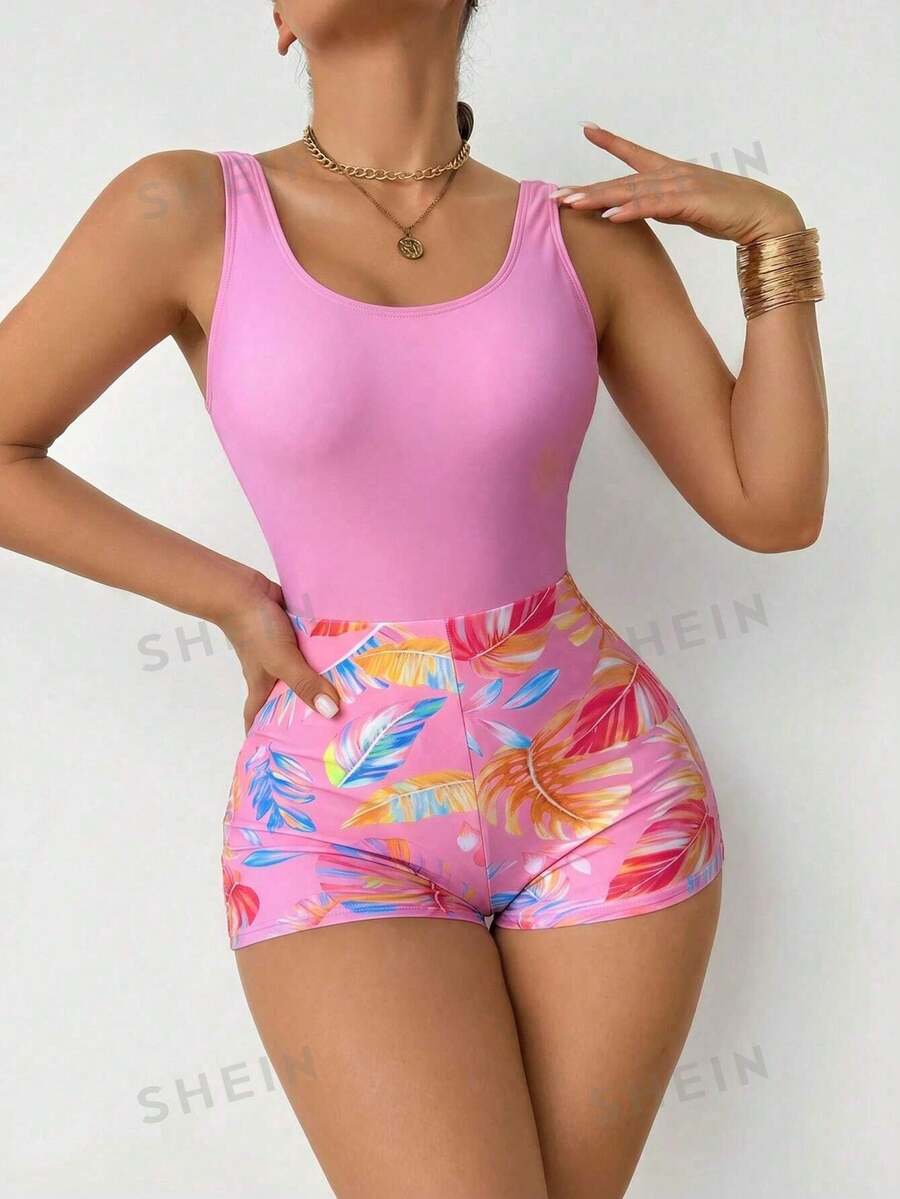 Swim Lushoire Women's Floral Print Patchwork One-Piece Swimsuit - Pink - View 1