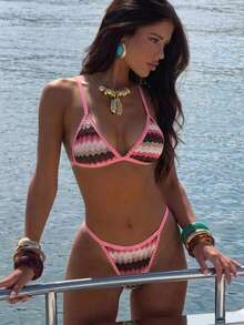 Swim Vcay 女款夏季海灘條紋拼接飾邊細肩帶背心兩件式泳衣套裝 - 粉色 - 查看 1