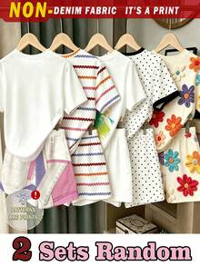 (2 Random Item From 5) Girls' Purple Pink Heart, Colorful Brown Stripe, Floral, Bow, Polka Dot Pattern Basic Short T-Shirt And Shorts - Multicolor - View 2