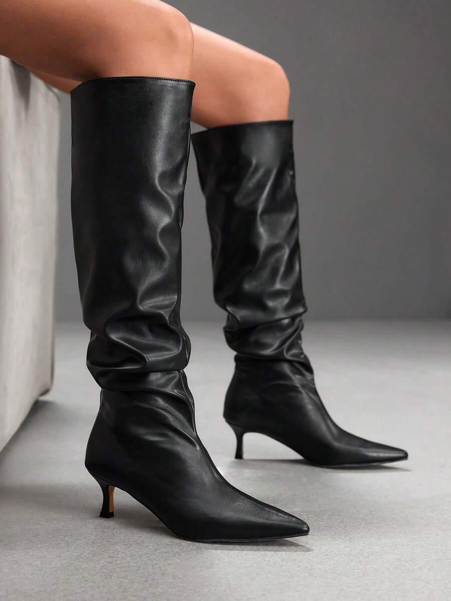 CUCCOO SZL Stivali da donna con punta nera in pelle morbida con tacco kitten e stivali da donna al ginocchio eleganti semplici da pendolare sexy per occasioni di festa & Natale autunno inverno stivali alti da donna - Pelle nera morbida - Visualizzare 1