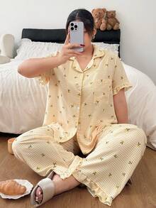 Napfluff CURVE Napfluff CURVE Plus Size Bubble Crinkle Plaid Lemon Print Button-Up Lapel Pajama Set - Yellow - View 1
