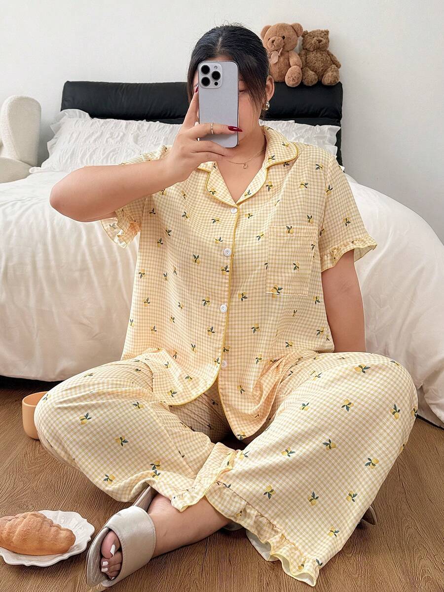 Napfluff CURVE Napfluff CURVE Plus Size Bubble Crinkle Plaid Lemon Print Button-Up Lapel Pajama Set - Yellow - View 1