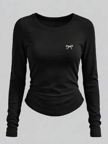 Women's Contrast Color Bow Embroidered Round Neck Long Sleeve T-Shirt - Multicolor - View 4