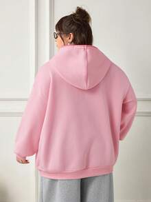 SHEIN CURVE+ 大尺碼女款休閒極簡美式復古字母印花圖案連帽長袖寬鬆衛衣 秋季 - 粉色 - 查看 2