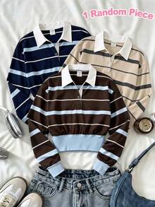 Tween Girls Polo Collar Deep Red Blue Stripe Patchwork Long Sleeve Short Sweatshirt Warm, 1pc Only Autumn Fall - Multicolor - View 1