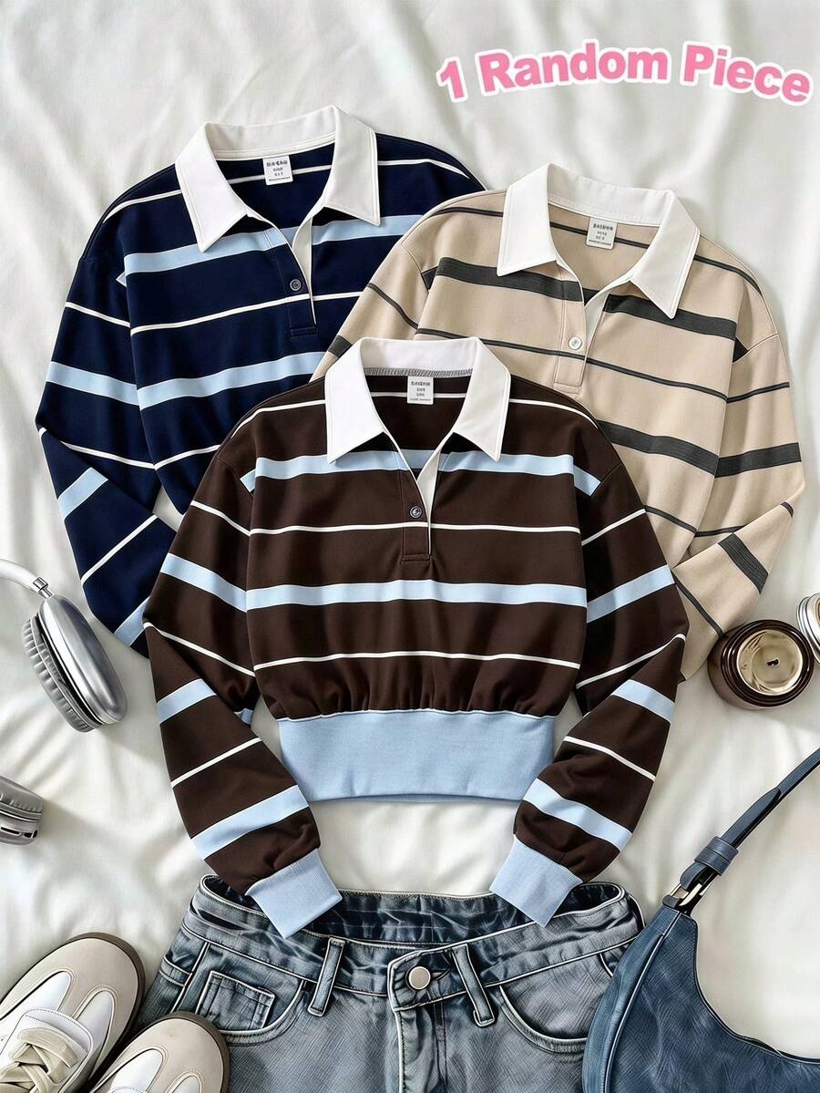 Tween Girls Polo Collar Deep Red Blue Stripe Patchwork Long Sleeve Short Sweatshirt Warm, 1pc Only Autumn Fall - Multicolor - View 1