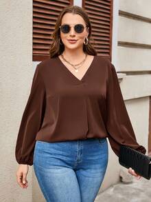 EMERY ROSE Camisa de talla grande de unicolor con cuello en V, casual y versátil - Marrón - Ver 3