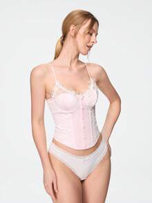 Bonmuse Spring/Summer Ins Fresh Sweet Style Lace Bustier With Underwire & Boning, Tight Waist Tie-Up Sexy Camisole Corset For Women - Baby Pink - View 6