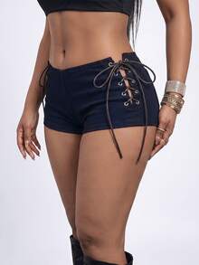 Zyxie Sexy Low Waist Ultra Short Lace-Up Hot Pants For Girls - Black - View 1