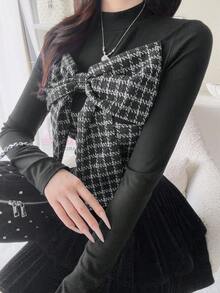 FRIFUL Women's Patchwork Houndstooth Bow Decor Long Sleeve Fashion T-Shirt Fall - Black - View 2