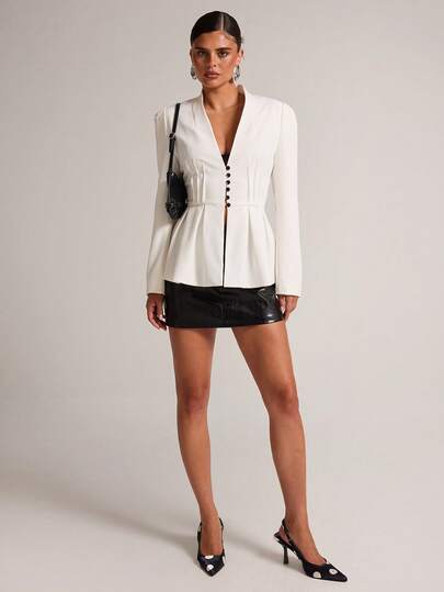 SHEIN BAE Women's Solid Color V-Neck Pleated Casual Commute Travel Blazer Jacket
