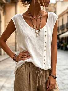 SHEIN Casual Solid Color Shirt, Versatile For Summer - White - View 6