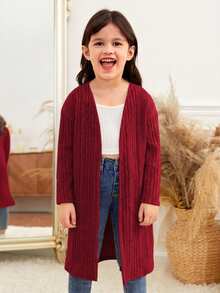 SHEIN Jaket Kasual Nyaman untuk Anak Perempuan, Lengan Panjang Terbuka Depan, Warna Polos, Tanpa Saku, Musim Gugur (9), Musim Dingin (2), Hitam - Merah - View 6
